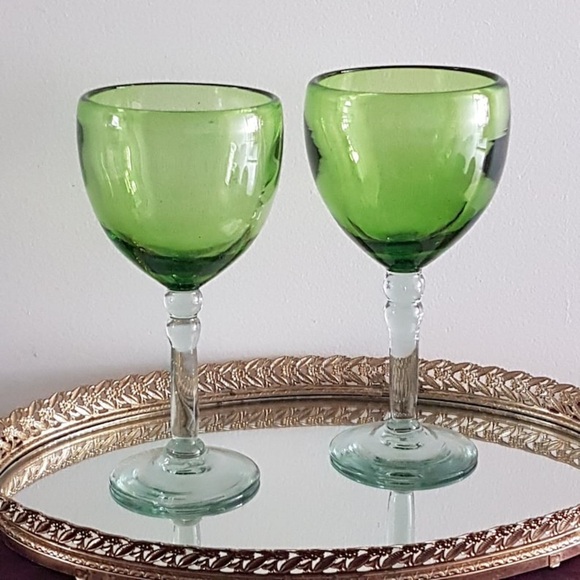 Set of 3 Green Blown Glass Wine Glasses 12 oz Green Glass Cup Clear Stem - Picture 1 of 9